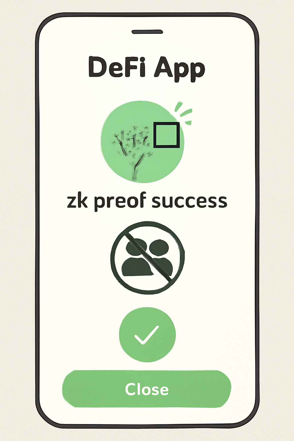 DeFi app verification screen with zk proof success animation, no data shared icons, green approval