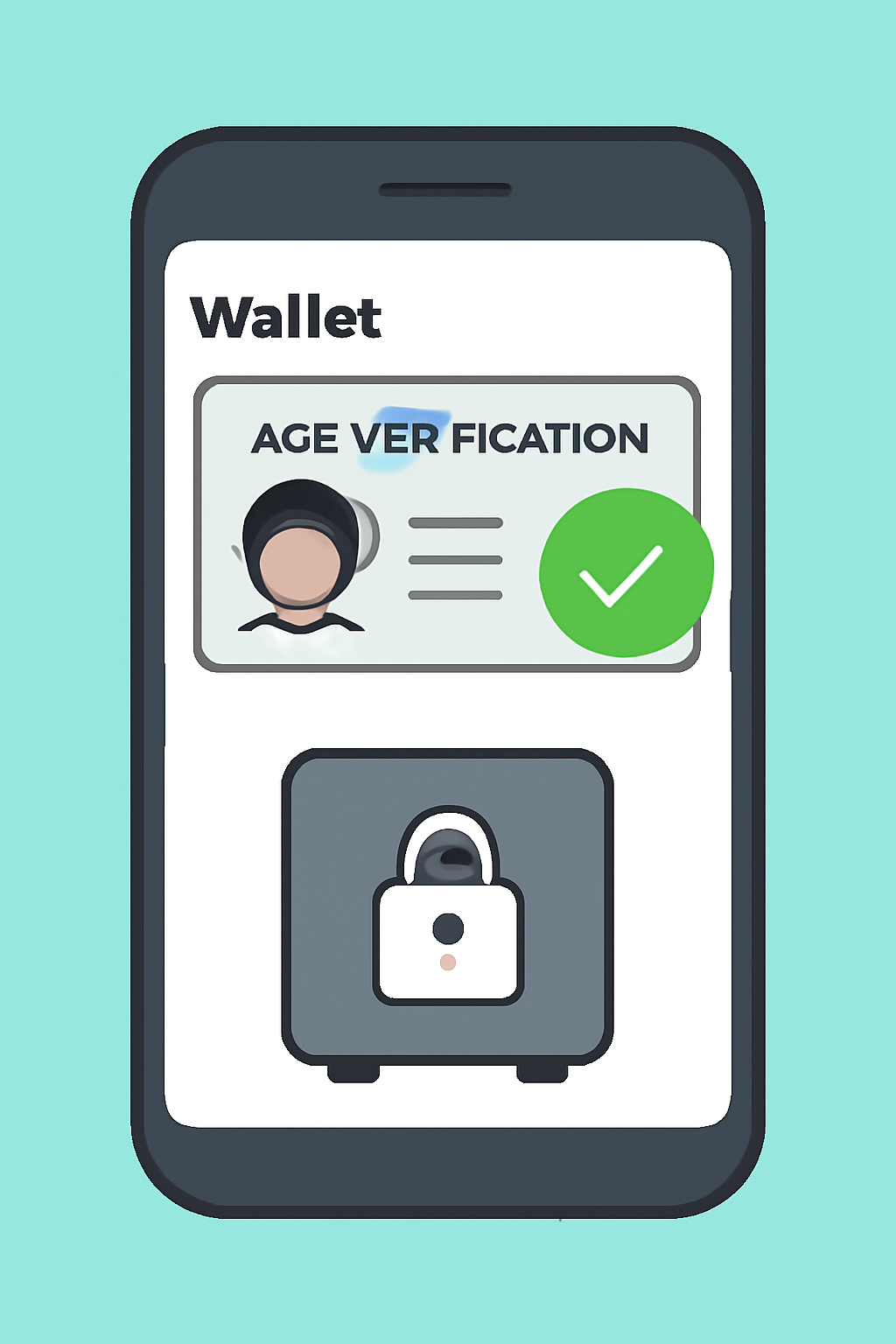 wallet app showing stored age verification credential card, locked vault interface, green checkmark