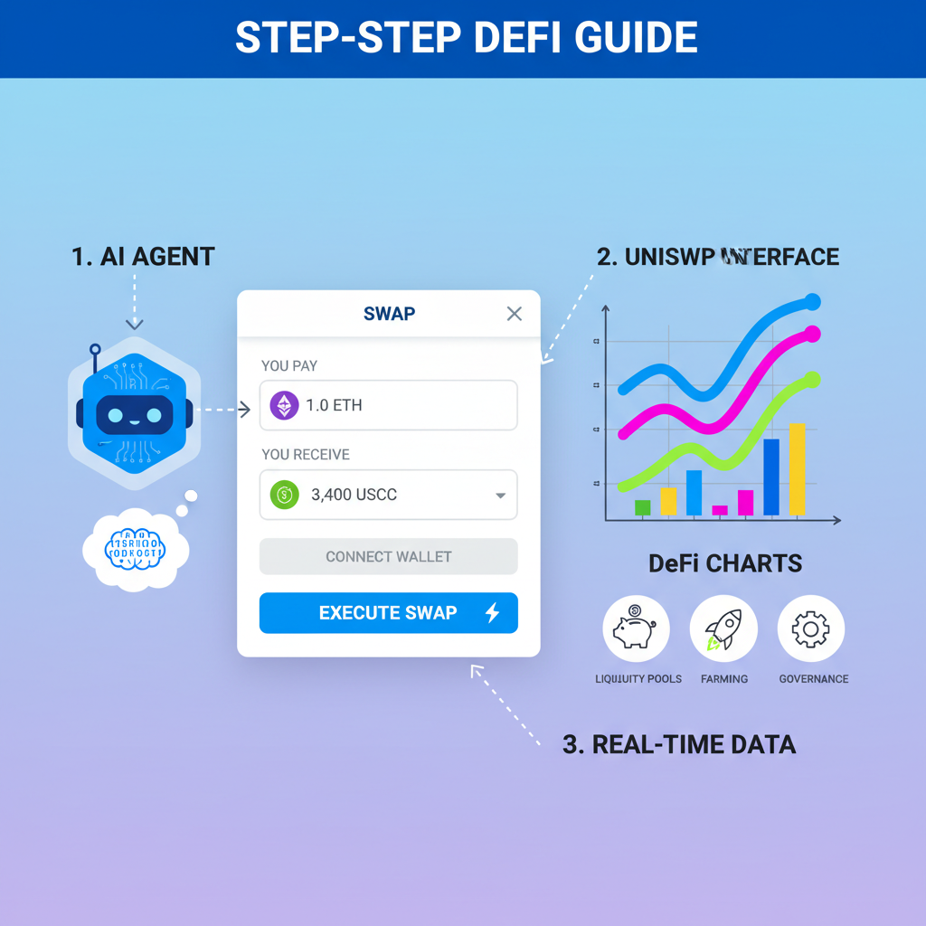 Uniswap interface with AI agent executing token swap, vibrant DeFi charts