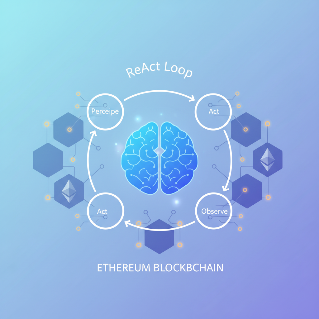 AI brain running ReAct loop, decision nodes connecting to Ethereum blockchain
