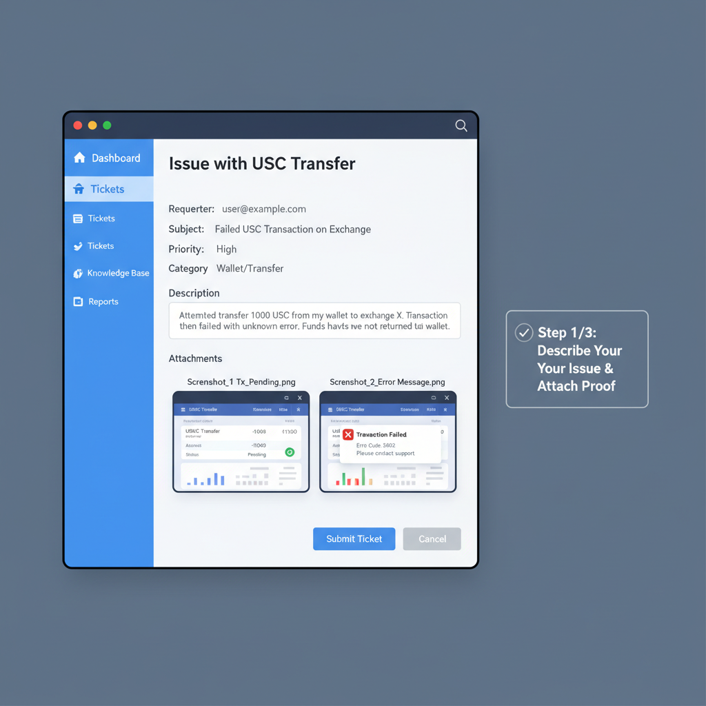 Professional support ticket form with USDC diagnostics screenshots attached, help desk interface