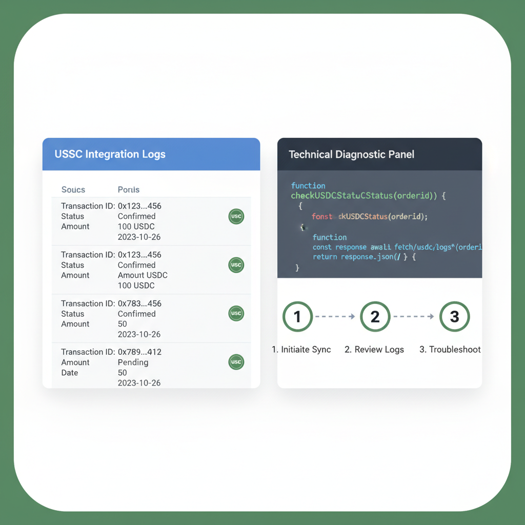 Shopify plugin dashboard displaying USDC integration logs, technical diagnostic panel with code highlights