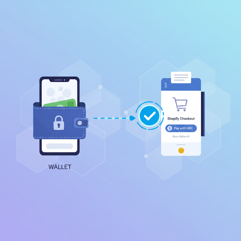 Crypto wallet connecting to Shopify USDC checkout on Base network, modern digital interface with success checkmark
