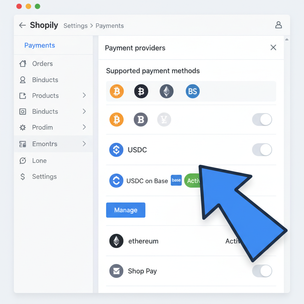 Shopify admin payments settings screen highlighting USDC on Base network activation, clean professional UI