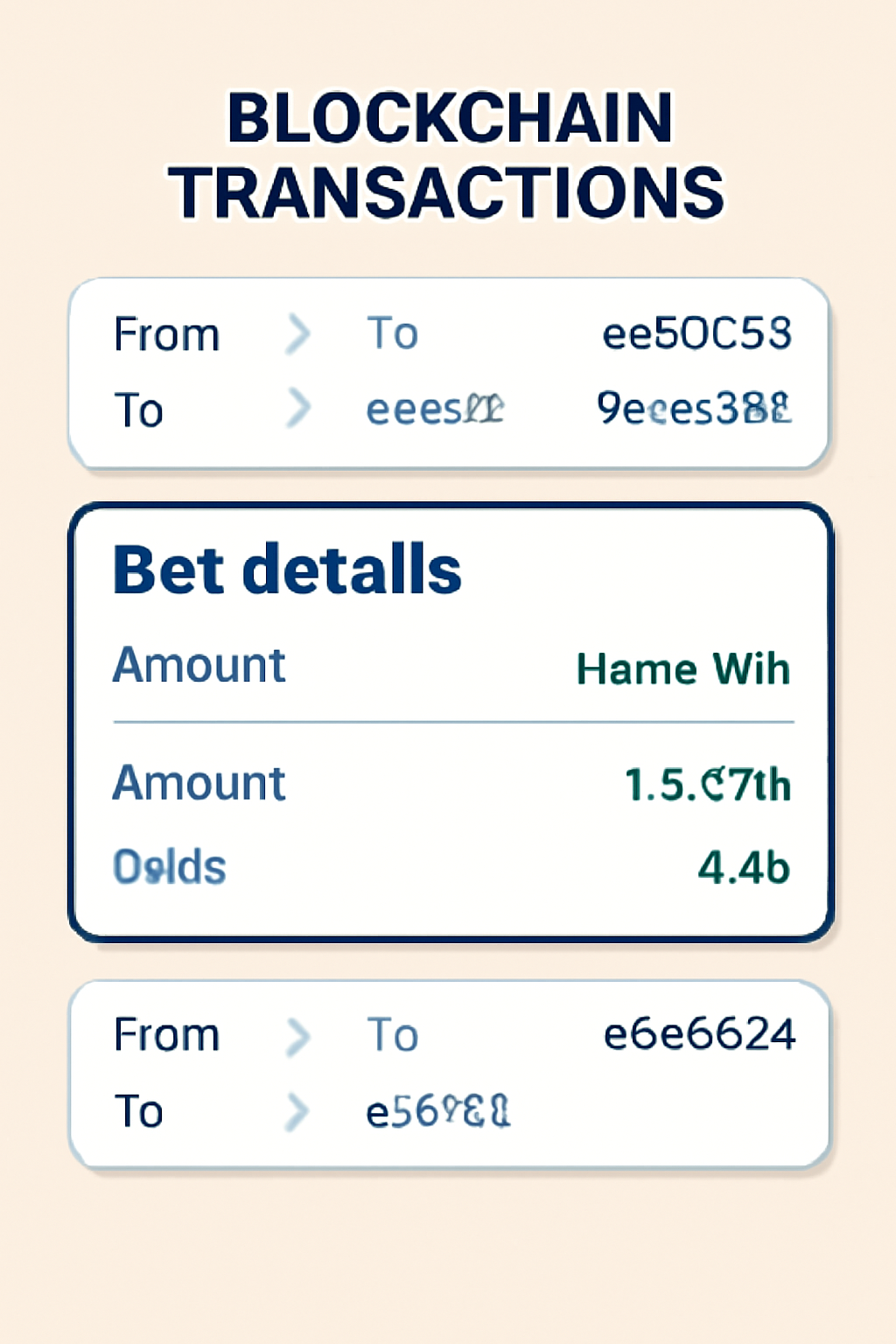 A zoomed-in view of a blockchain transaction list, with one transaction expanded to show bet details and odds.
