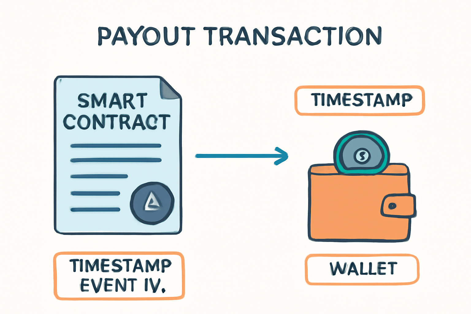 A diagram showing a payout transaction from the smart contract to a user’s wallet, with timestamps and event IDs highlighted.