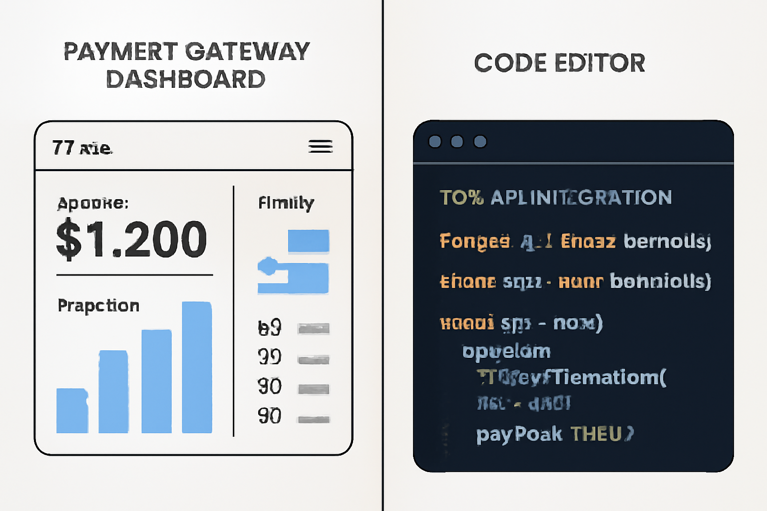 Split screen: left side showing a payment gateway dashboard (77.me), right side showing code editor with TON API integration, both labeled