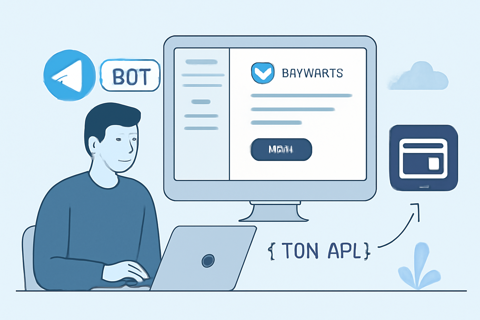 User connecting Telegram bot to payment gateway via dashboard, or coding integration with TON API, focus on secure payment setup