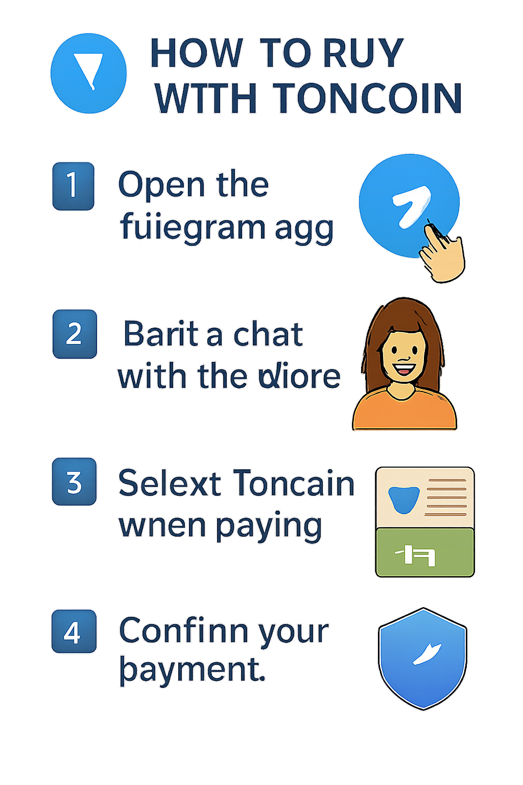 Friendly infographic or Telegram message with step-by-step instructions for customers, Toncoin and Telegram logos, helpful icons