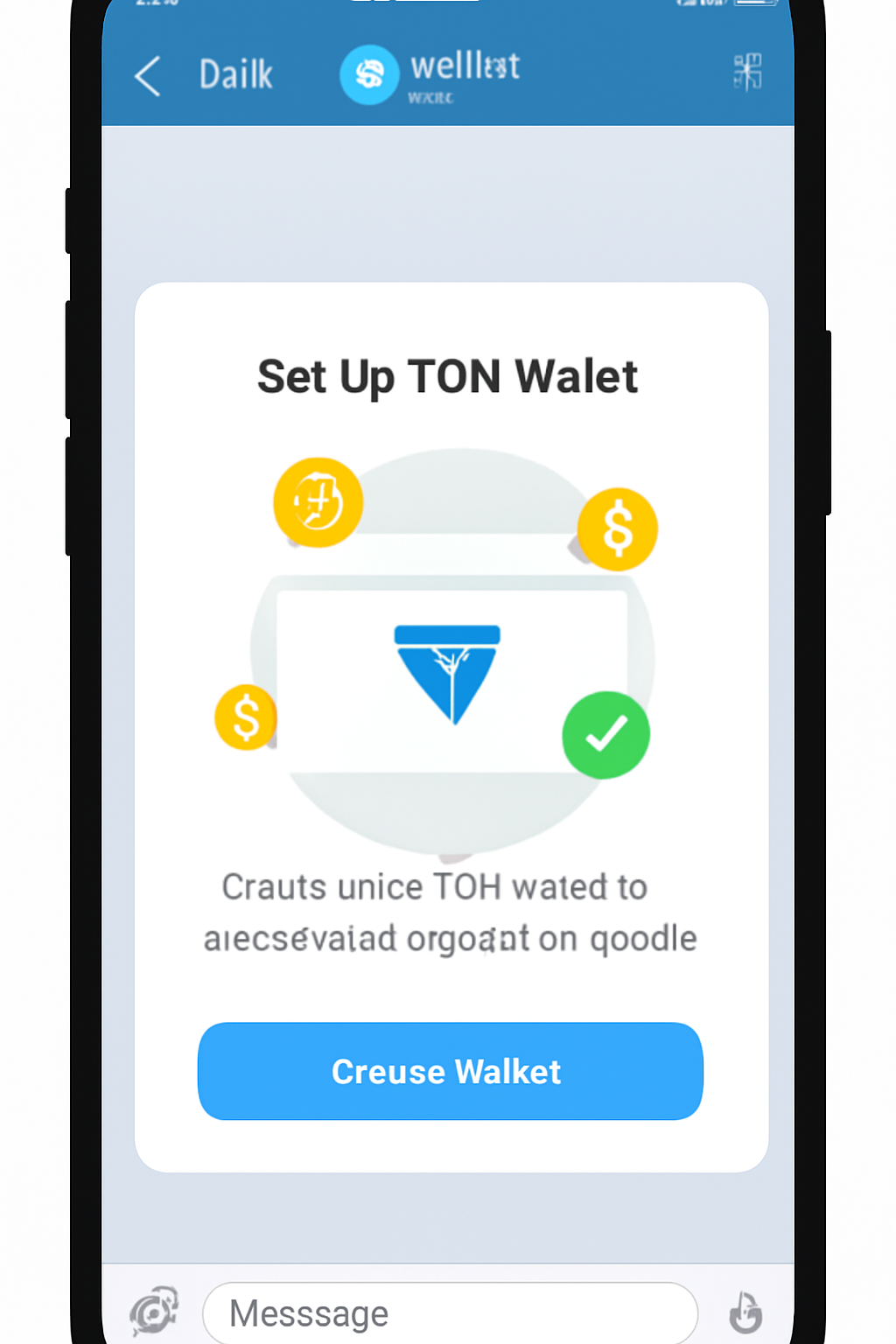A smartphone screen showing the Telegram app open with the @wallet bot interface, user setting up a TON wallet, modern UI, clear buttons, crypto icons