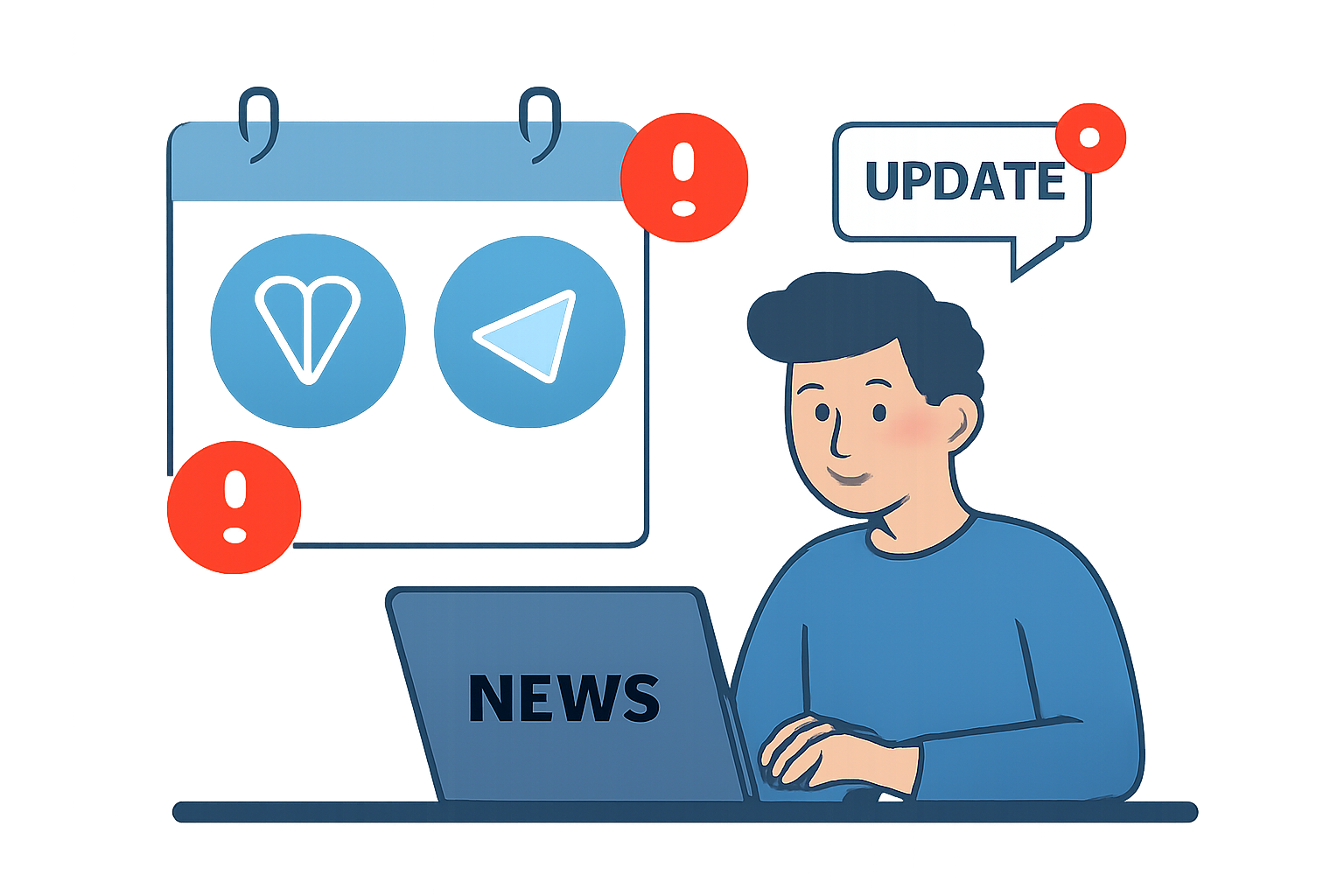 A calendar with TON and Telegram logos, notifications for updates, user reading news on a laptop