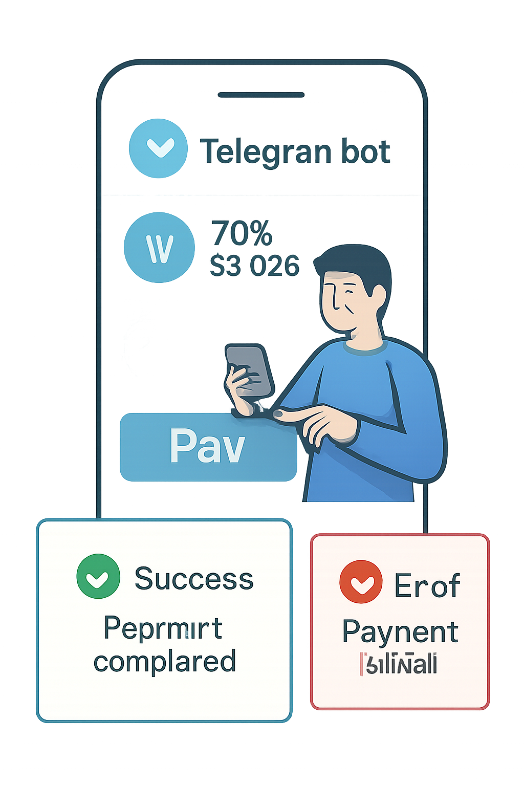 User testing a payment in Telegram bot, success and error notifications visible, Toncoin logo, current price $0.9315 displayed
