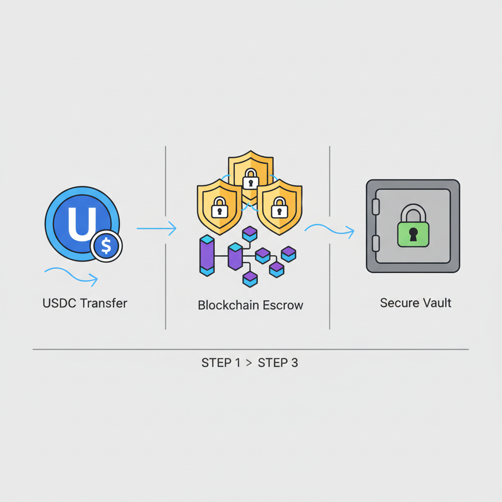 USDC transfer to multi-sig escrow wallet, blockchain animation, secure vault icon