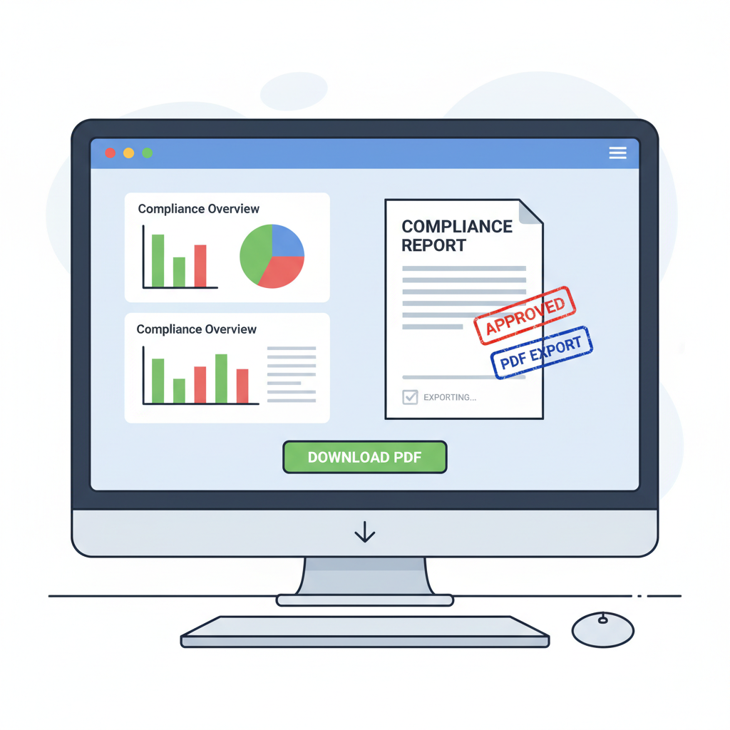 auto-generated compliance report on screen, charts stamps PDF export, business dashboard