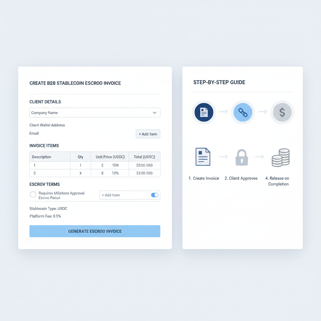 clean web dashboard creating B2B invoice for stablecoin escrow, professional UI, invoice form