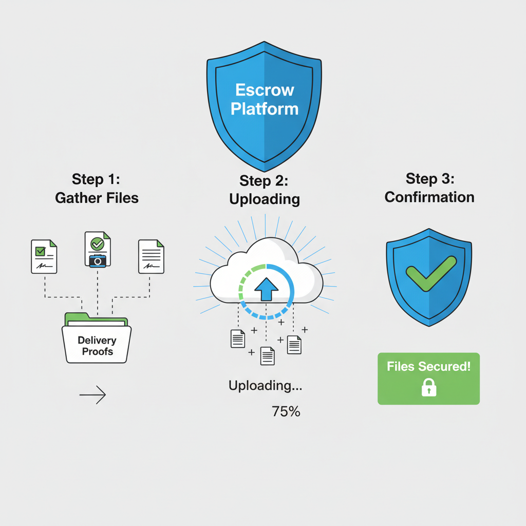 uploading delivery proof files to escrow platform, document icons, upload progress