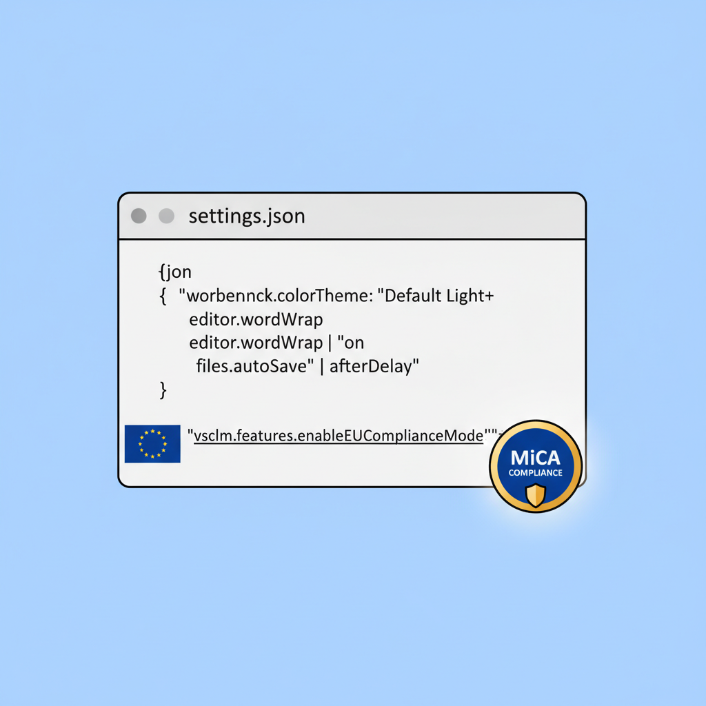 code snippet configuring EU mode in VS Code, EU flag icon, MiCA compliance badge glowing