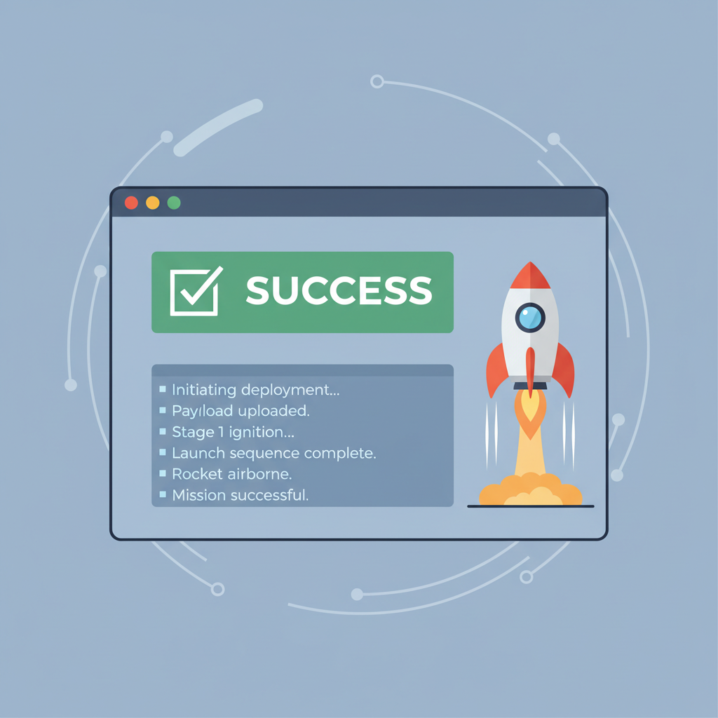 deployment console showing success, audit logs streaming, rocket launch animation