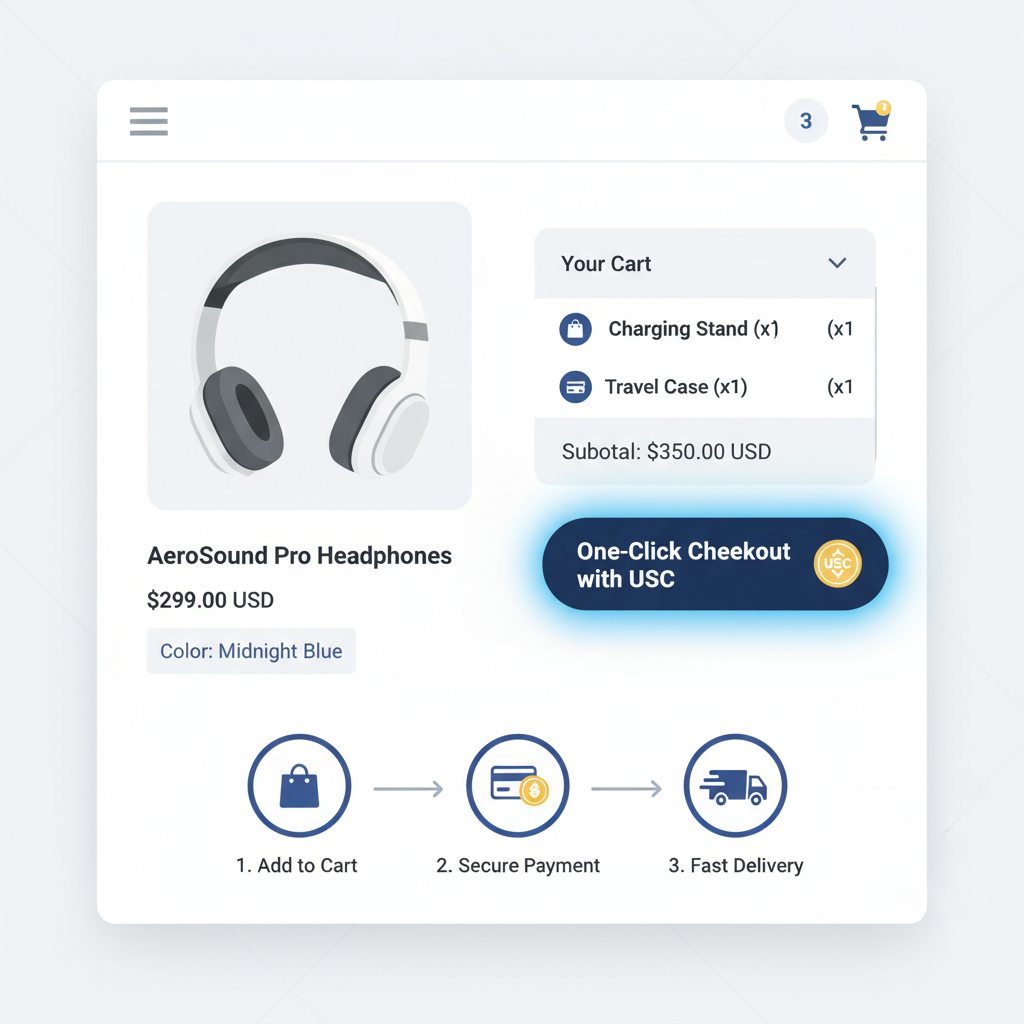 e-commerce product page with glowing USDC one-click checkout button, modern UI, shopping cart