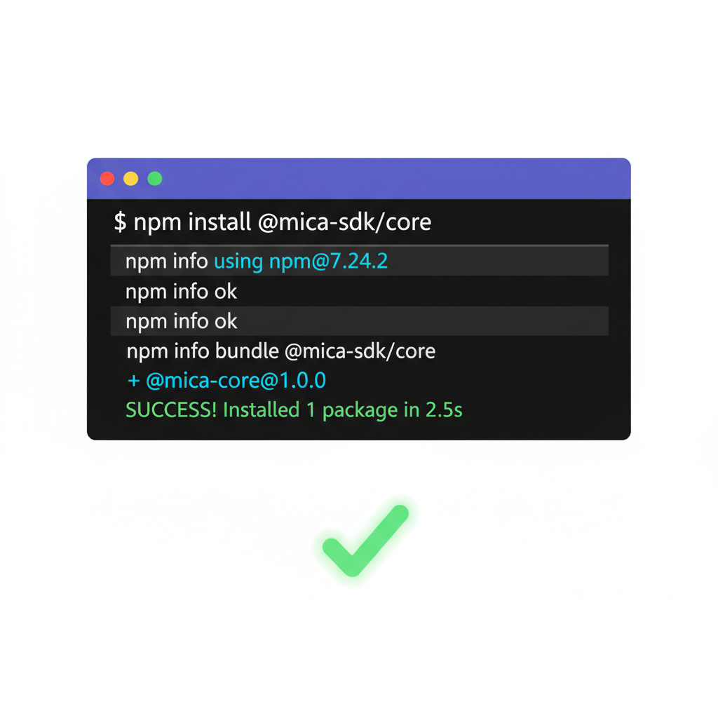 terminal window running npm install command for MiCA SDK, dark mode code editor, green success output