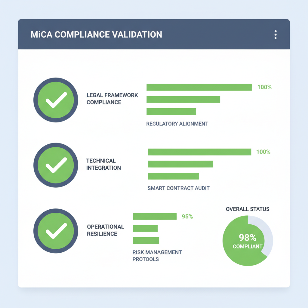 testing dashboard with MiCA validation checks passing, green ticks, compliance graphs
