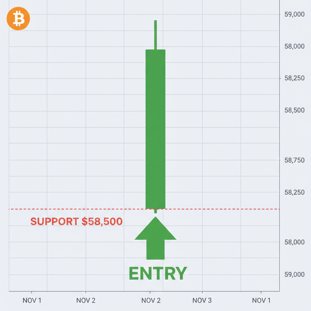 Bullish green candle closing at $58,500 support on Bitcoin chart, entry arrow marked