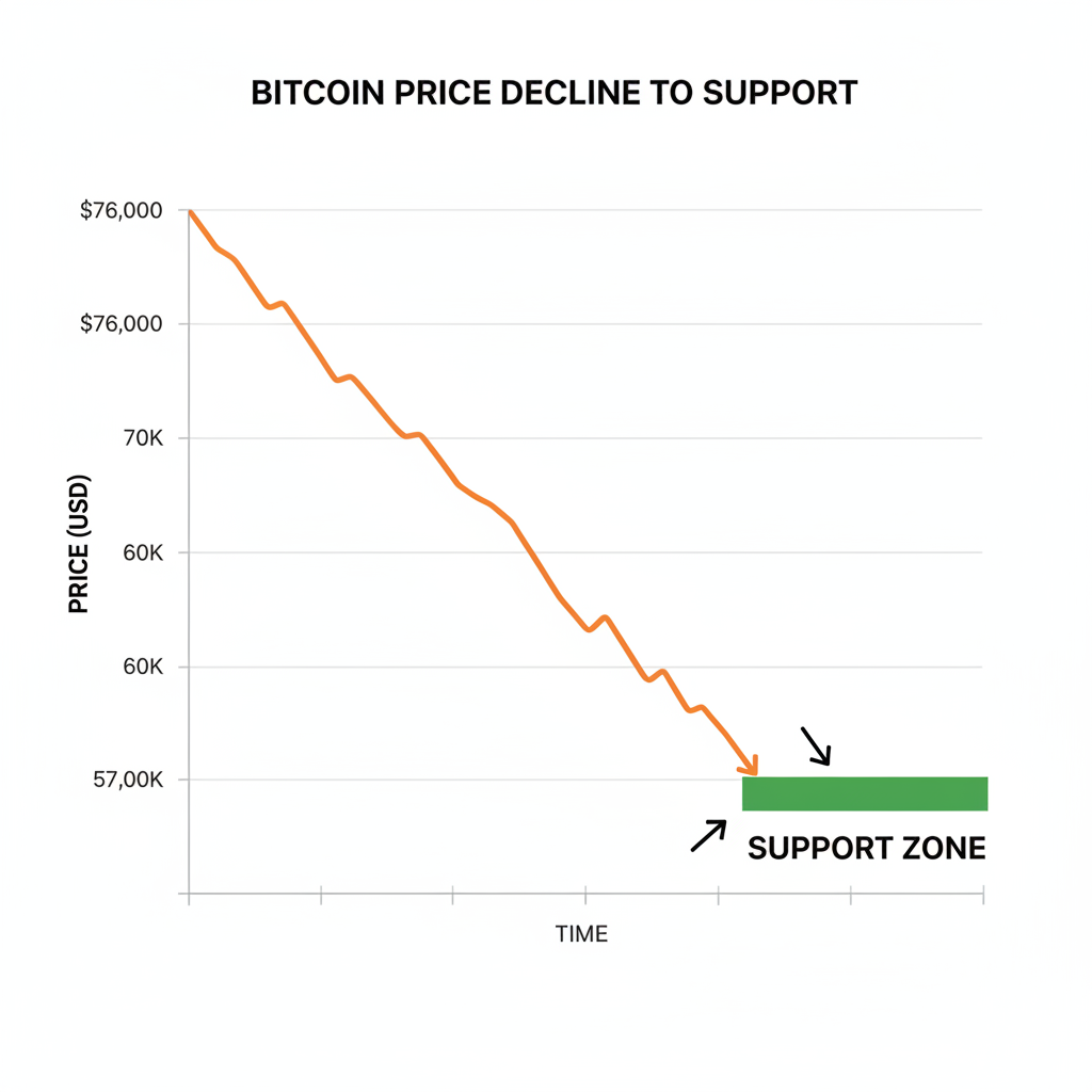 Bitcoin price chart declining from $76K toward $57K-60K support zone, clean technical style with support line