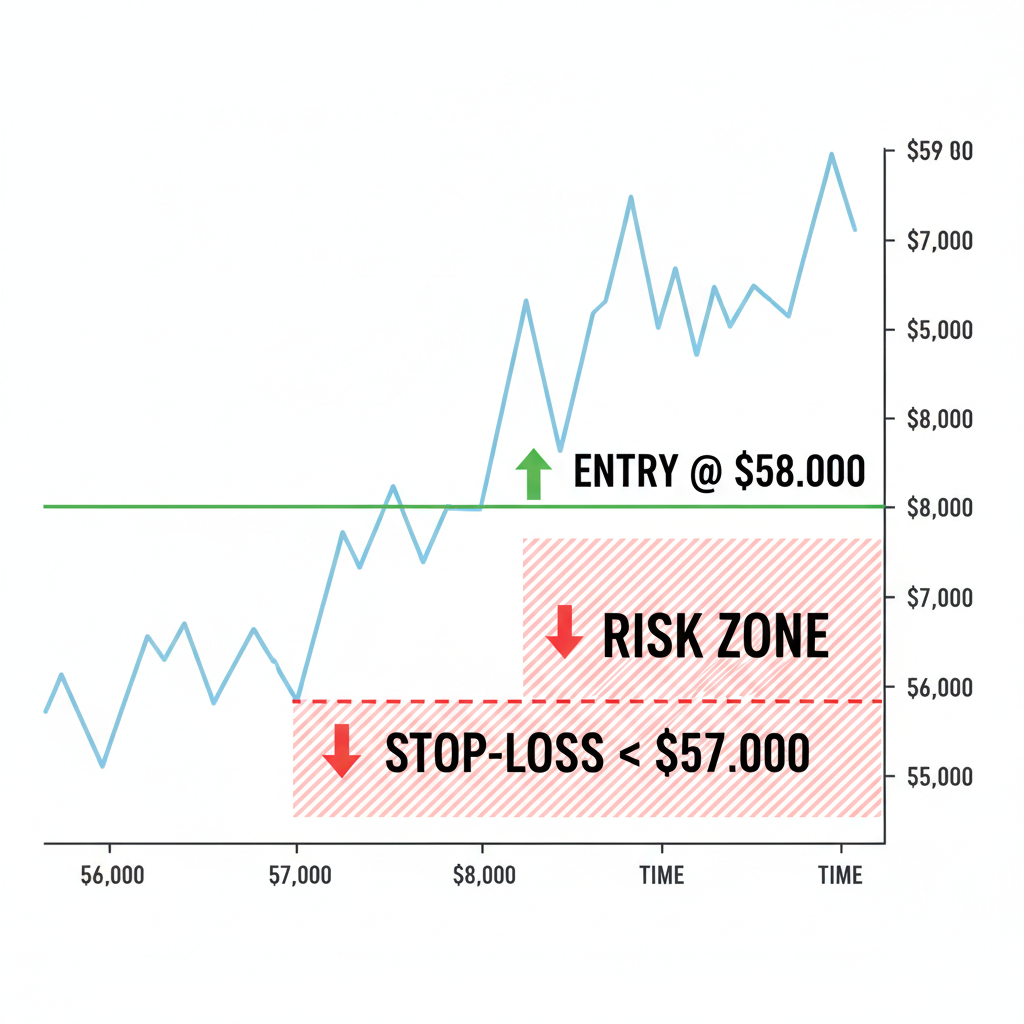 Bitcoin chart with entry at $58K, red stop-loss line below $57K swing low, risk zone shaded