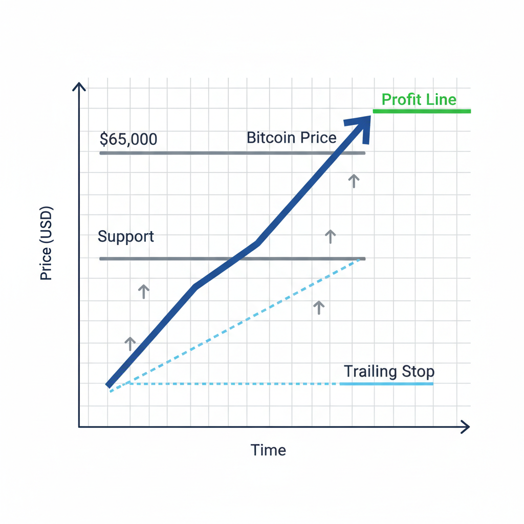 Bitcoin chart trajectory from $58K support to $65K target with green profit line and trailing stop