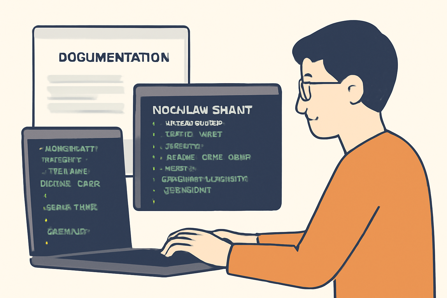 A developer writing modular smart contract code on a computer, with open documentation and code comments visible.