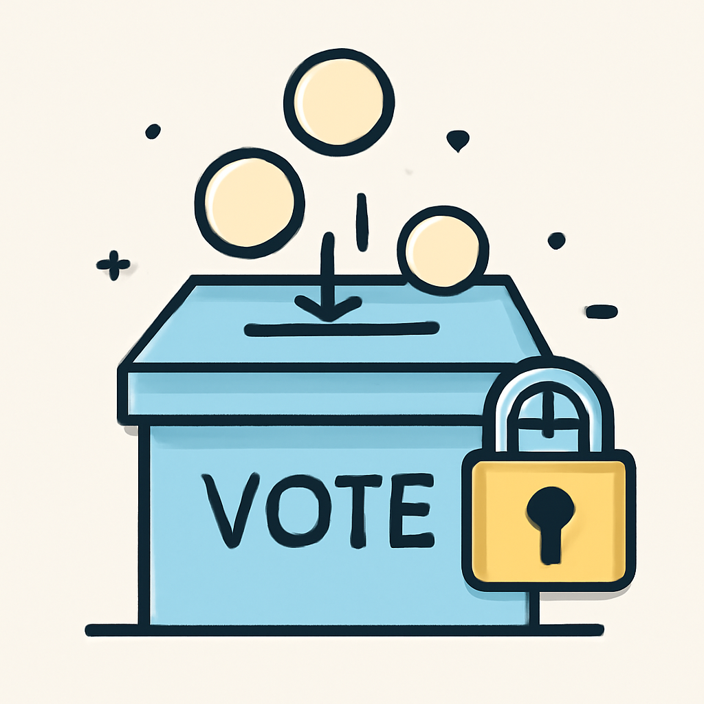 A digital ballot box with tokens being cast as votes, surrounded by a secure lock symbolizing access control.
