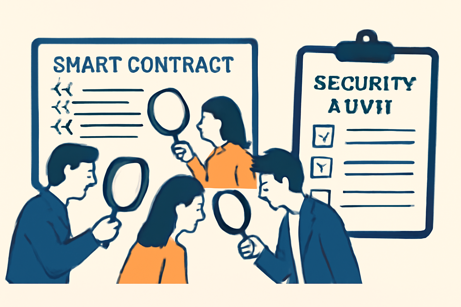 A team of auditors examining smart contract code with magnifying glasses, and a checklist marked 'security audit'.