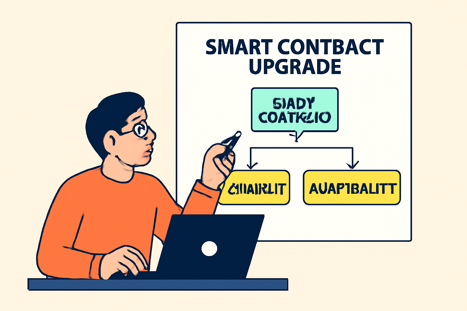 A blockchain developer reviewing a flowchart showing upgrade paths for smart contracts, with highlighted sections for security and adaptability.