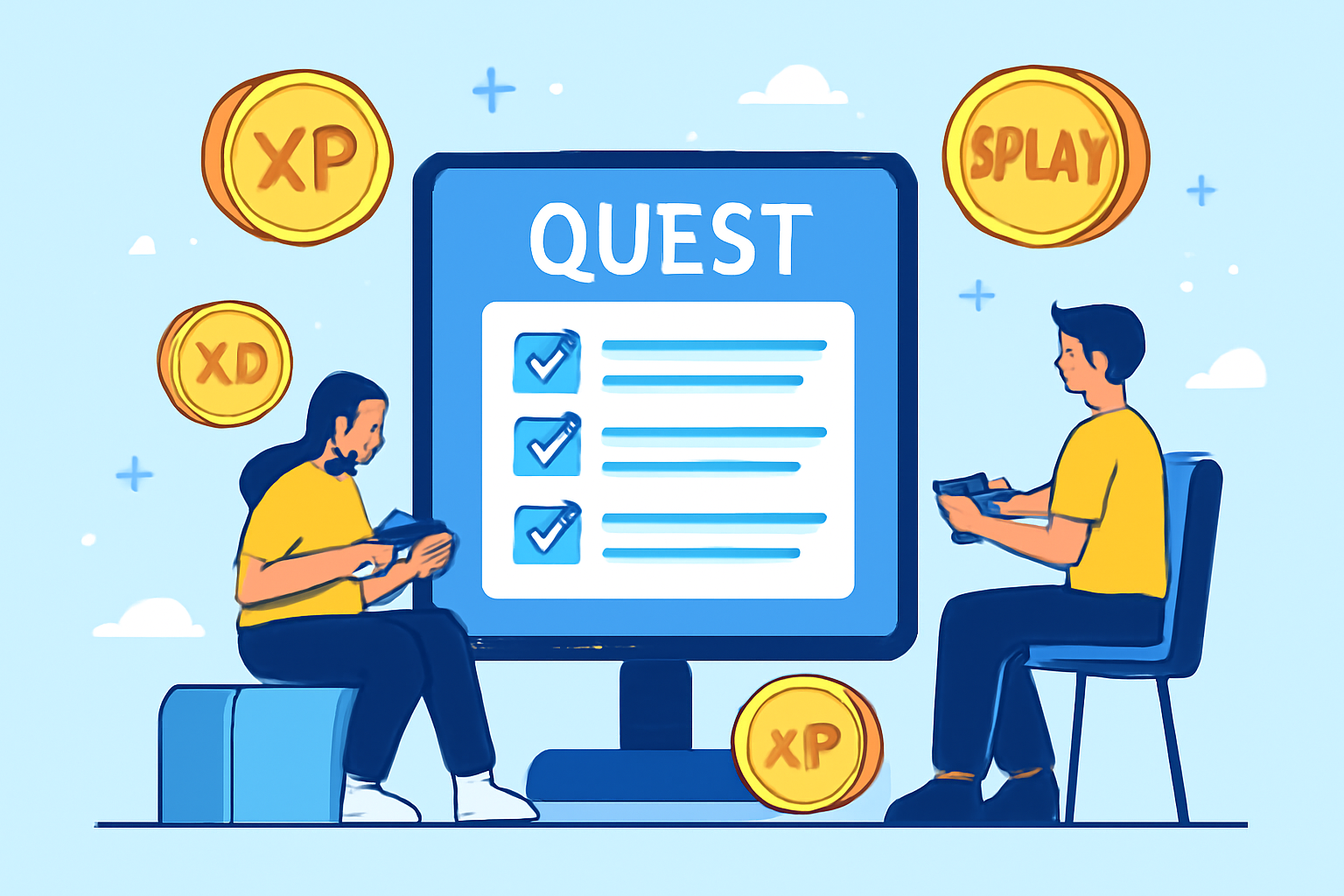 Gamers completing quests on a futuristic gaming platform, with XP points and $PLAY tokens floating around.