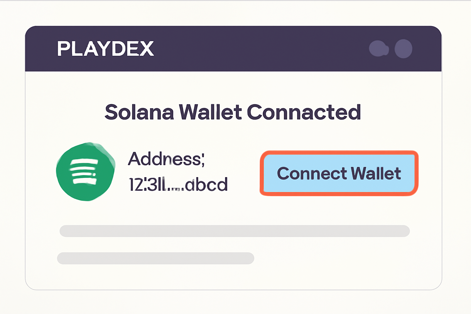 A digital dashboard showing a Solana wallet connected to PlayDEX, with a 'Connect Wallet' button highlighted.