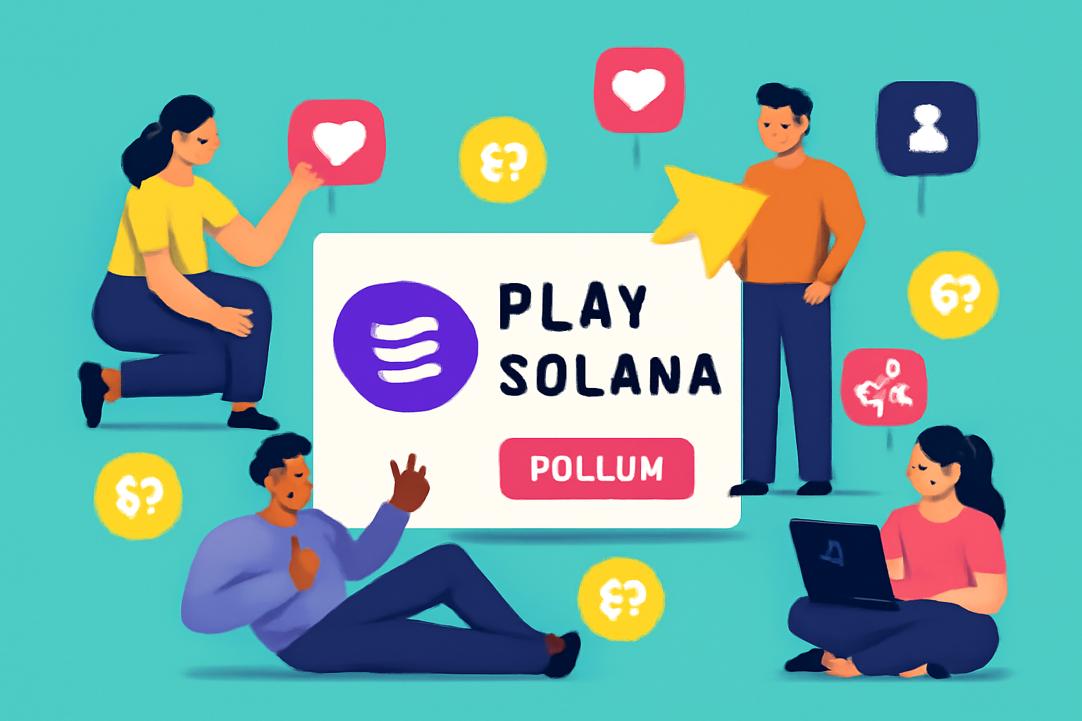 A vibrant social media scene with people liking, sharing, and following Play Solana accounts, surrounded by XP icons.