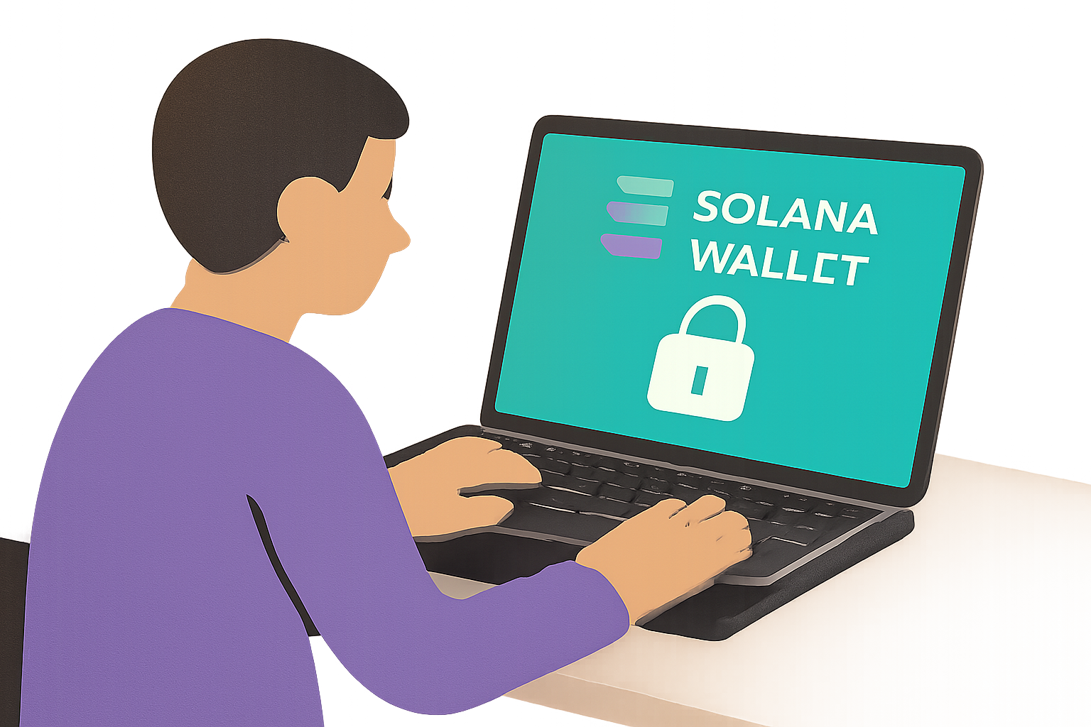 A person setting up a Solana wallet on their laptop, with the Solana logo on the screen and a secure lock symbol.