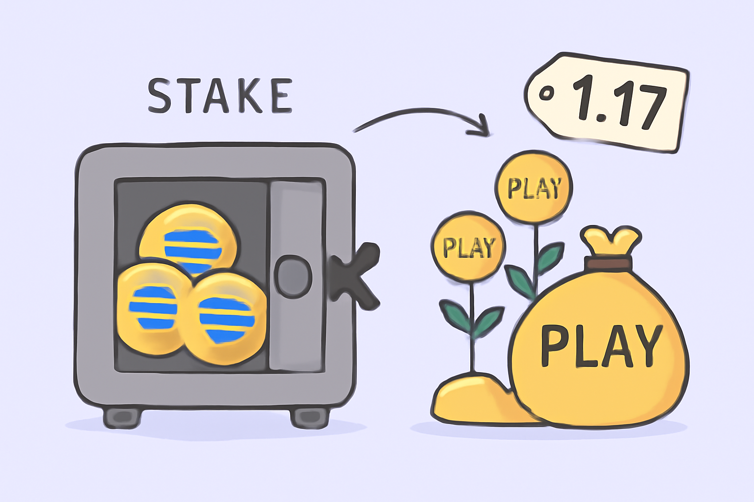 A digital vault with SOL coins being staked and $PLAY tokens growing as rewards, with a price tag showing $1.17.