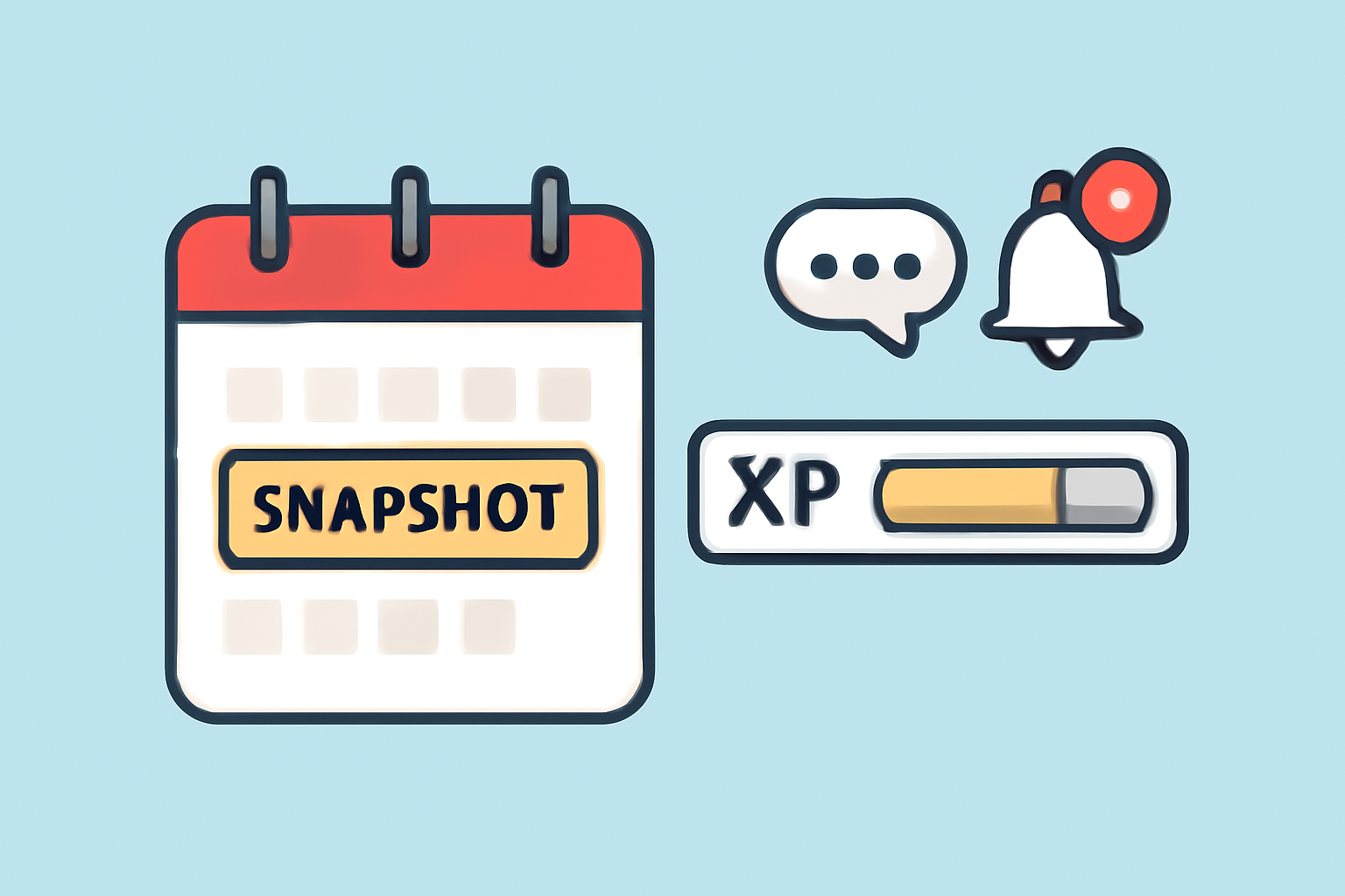 A calendar marked with a 'snapshot' date, a progress bar showing XP growth, and notification icons.