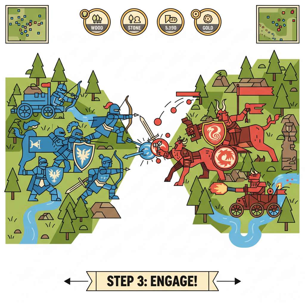 dynamic midjourney render of intense RTS PvP battle in wild forest with armies clashing