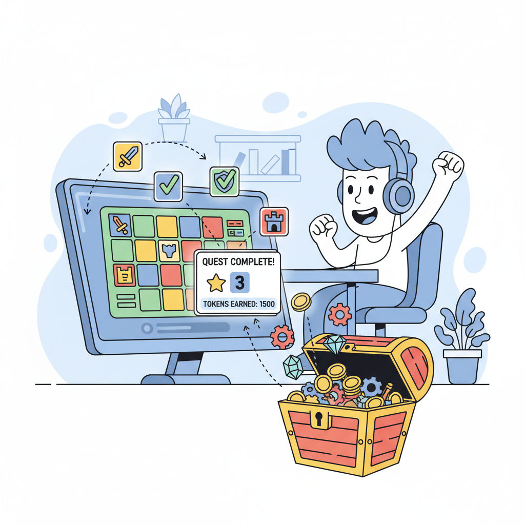 cartoon illustration of gamer completing quests in strategy game interface with reward tokens