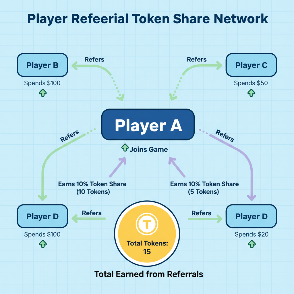 network diagram of player referrals earning token shares in game economy