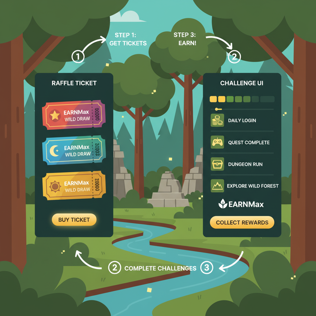 vibrant raffle ticket and challenge UI in Wild Forest with EARNMax branding