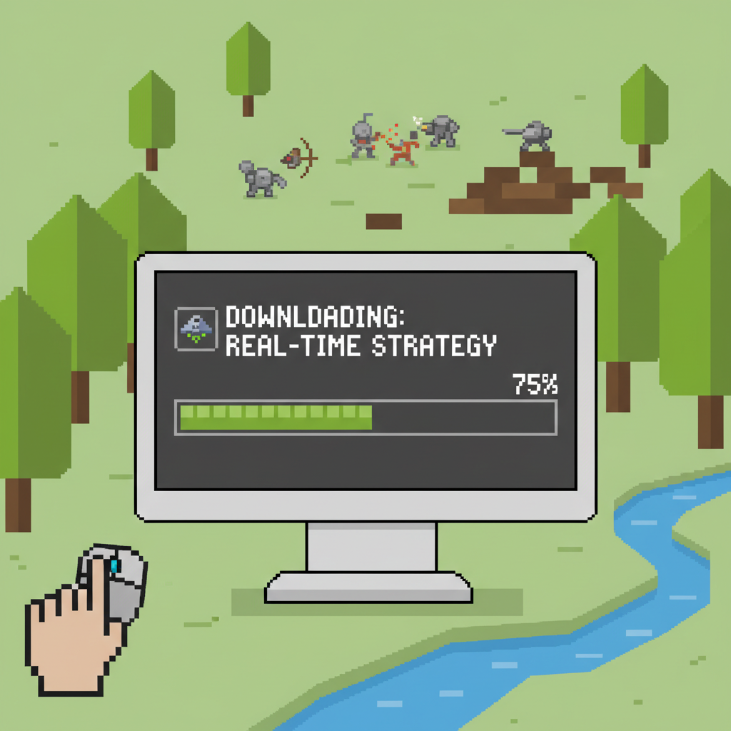 pixel art of player downloading RTS game on computer with forest battlefield background