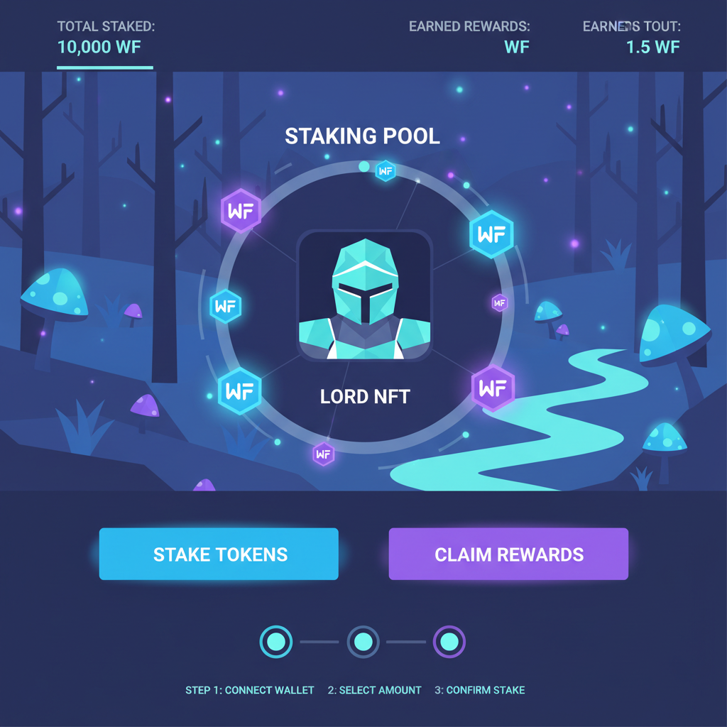 futuristic staking interface with glowing WF tokens and lord NFT in forest-themed dashboard