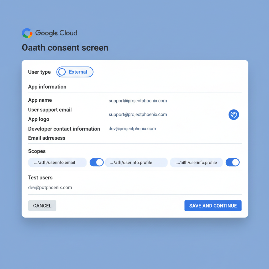 Google Cloud OAuth consent screen setup form filled out, professional interface --ar 16:9