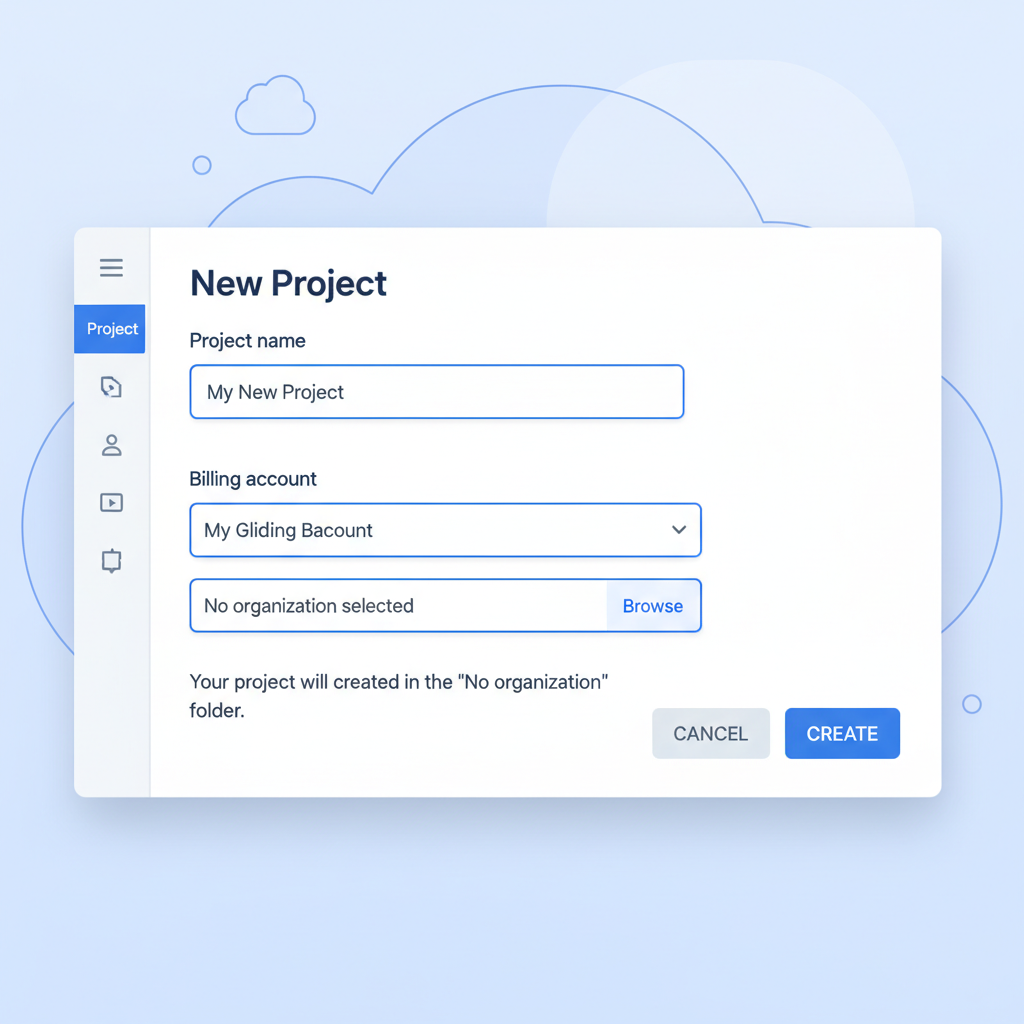 clean screenshot of Google Cloud Console creating new project dashboard, modern UI, tech blue tones --ar 16:9