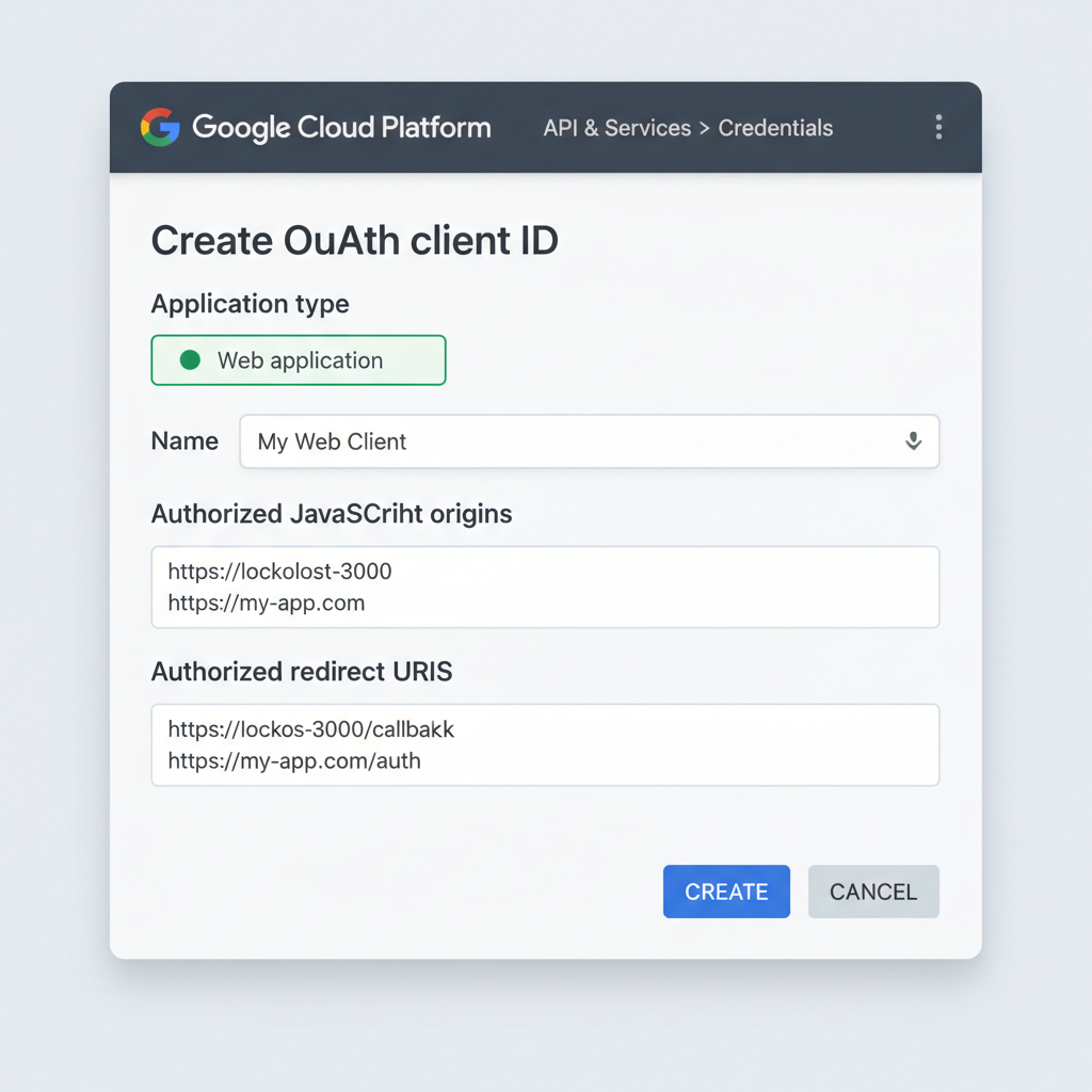 Google Credentials page creating OAuth 2.0 Client ID with redirect URIs entered, precise UI --ar 16:9