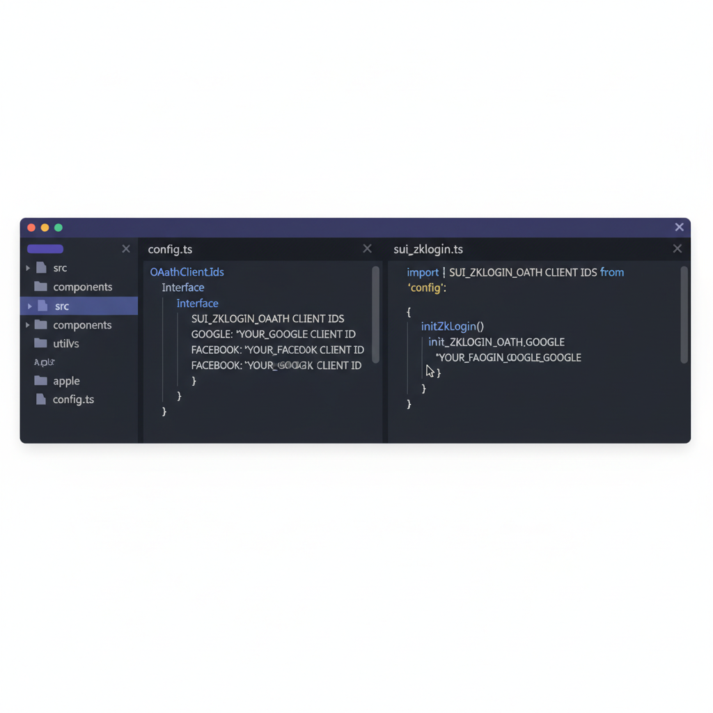 code snippet in VS Code integrating OAuth client IDs for Sui zkLogin, dark theme editor --ar 16:9