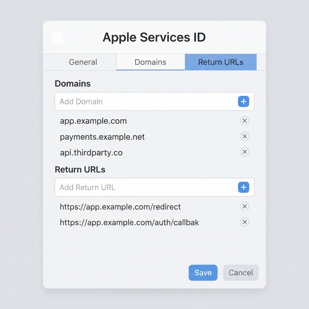 Apple Services ID configuration with domains and return URLs, minimalistic interface --ar 16:9